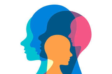 Concept illustration representing  different personalities. Heads of various colors overlapping creating multi exposure effect. 