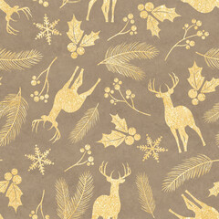 christmas new year holiday gold craft pattern with deer branches holly berries	

