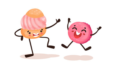 Cute Kawaii Doughnut and Pastry with Face and Arms Vector Set