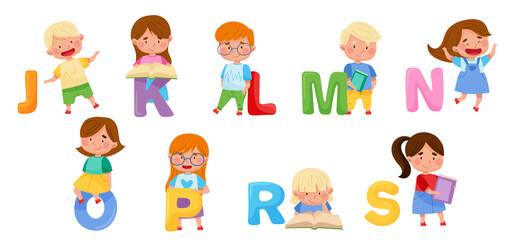 Cheerful Kids and Big Alphabet Letters Vector Set