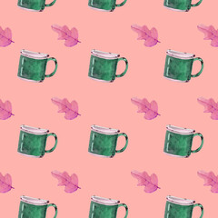 watercolor illustration seamless pattern from an old enameled mug with autumn leaves on a light background
