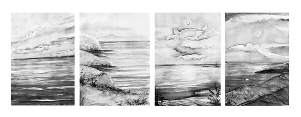 Aquarelle painting of sea side. Art illustration.