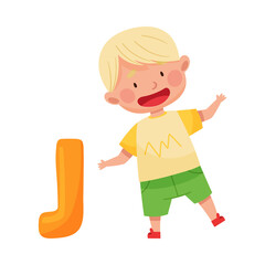 Excited Boy Jumping Near Big Alphabet Letter D Vector Illustration