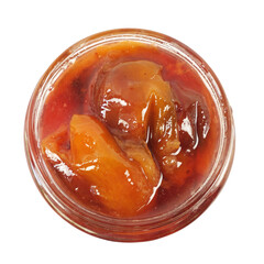 A plum jam in a transparent glass jar isolated on a white background, top view