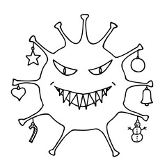 The molecule of the coronavirus with an evil face is decorated with Christmas toys. Doodle style.