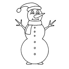 The snowman is wearing a scarf and a Christmas hat in a doodle style. Coloring for children.
