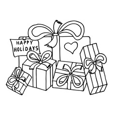 Many gift boxes are tied with ribbons. Attached to the box is a sheet with the inscription 