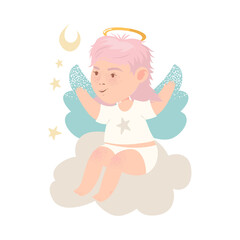 Funny Baby Angel with Nimbus and Wings Sitting on Soft Cloud Vector Illustration