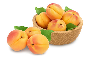 Fototapeta na wymiar apricot fruit in wooden bowl isolated on white background. Clipping path and full depth of field