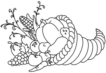 Outlined Horn of plenty. Thanksgiving cornucopia with autumn fruits and vegetables. Vector lineart illustration coloring page.