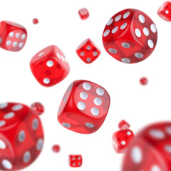 Many black dice free falling on white background. Selective focus - shallow depth of field.