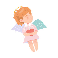 Cute Girl Angel with Nimbus and Wings Holding Heart Vector Illustration
