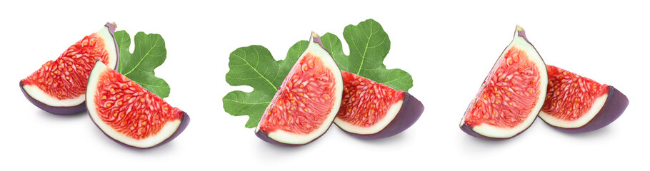 Fresh fig fruit slices with leaves isolated on white background. Set or collection