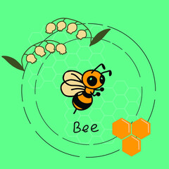 Honey bee Logo green background with honeycomb and flowers