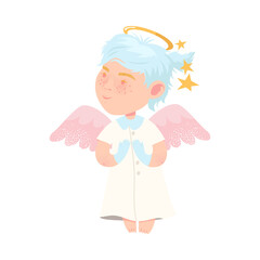 Cute Girl Angel with Nimbus and Wings Vector Illustration
