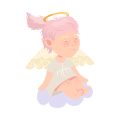 Little Girl Angel with Nimbus and Wings Sitting on Soft Cloud Vector Illustration