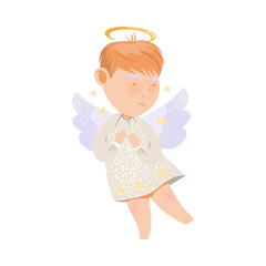 Little Boy Angel with Nimbus and Wings Flying Vector Illustration