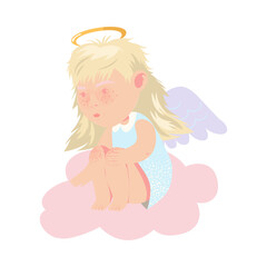 Little Girl Angel with Nimbus and Wings Sitting on Soft Cloud Vector Illustration