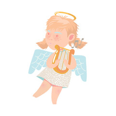 Little Girl Angel with Nimbus and Wings Playing Harp Vector Illustration