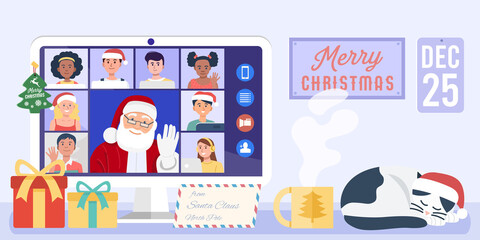 Santa Claus having video conference on computer with children at home. Vector