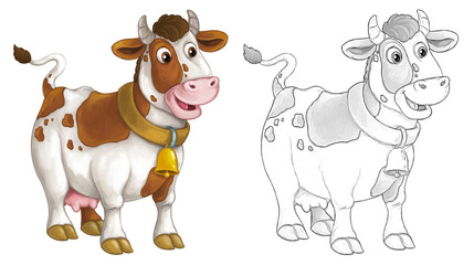 Cartoon sketch scene with cow bull is looking and smiling - illustration