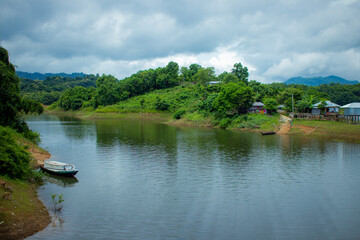 Naklejka na ściany i meble Landscape of a lake with boats