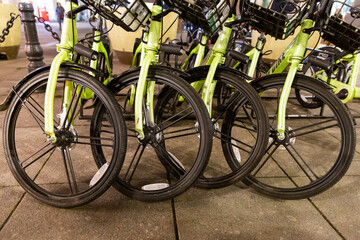 Parked bicycles of the bike rental service.