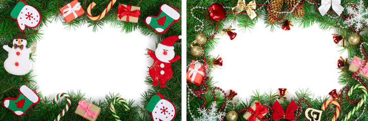 Christmas frame decorated isolated on white background with copy space for your text. Top view.