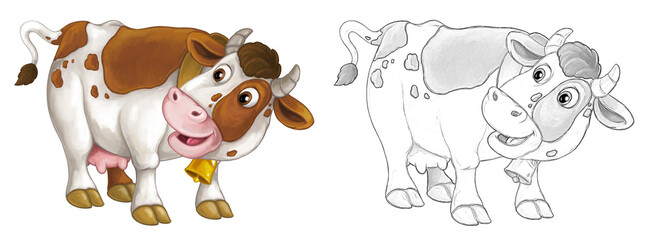 Cartoon sketch scene with cow bull is looking and smiling - illustration