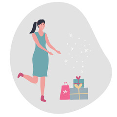 Merry Christmas and Happy New Year vector cards. Christmas illustration with girl, gift boxes, snowflakes. Beautiful woman in a festive dress. Christmas flat style.