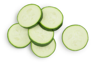 Fresh sliced zucchini isolated on white background with clipping path and full depth of field. Top view. Flat lay