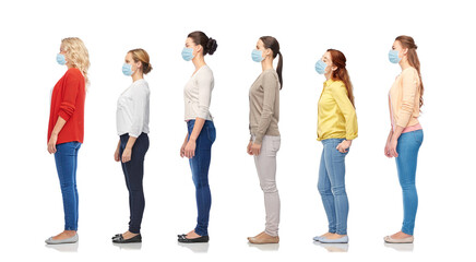 health, pandemic and people concept - group of women wearing face protective medical mask for protection from virus disease on white background