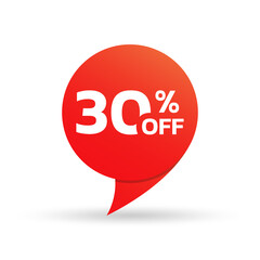 30% off sale tag or sticker. Discount price label, badge for promo banner design. Vector illustration.