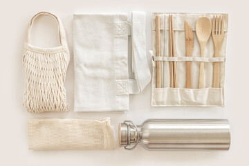 Eco friendly accessories - bamboo cutlery, eco bag, reusable water bottle. Zero waste, plastic free...