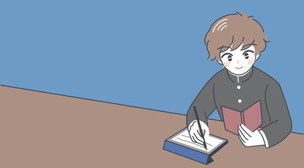 ベクター・自信をつけてタブレットで勉強する学ラン男子生徒のイラスト・コピースペース