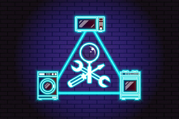 Repair, maintenance of household appliances - a symbol in the form crossed screwdriver, wrench and magnifier on background of brick illuminated wall