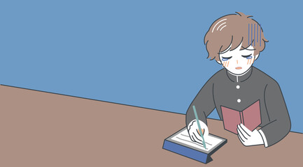 ベクター・泣きながらタブレットで必死に猛勉強する学ラン男子生徒のイラスト・コピースペース