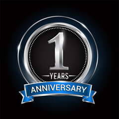 1st birthday logo with silver ring and blue ribbon, Vector design template elements for anniversary celebration, wedding, jubilee, greeting card, invitation, party.