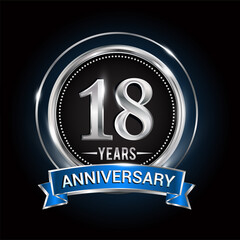 18th birthday logo with silver ring and blue ribbon, Vector design template elements for anniversary celebration, wedding, jubilee, greeting card, invitation, party.