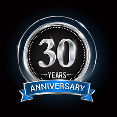 30th birthday logo with silver ring and blue ribbon, Vector design template elements for anniversary celebration, wedding, jubilee, greeting card, invitation, party.