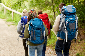 Fototapeta na wymiar adventure, travel, tourism, hike and people concept - group of friends walking with backpacks in woods
