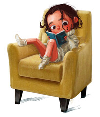 cute little cartoon girl in armhair reads - 389840784