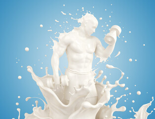 Fototapeta na wymiar Splash of milk in form of Man's bodybuilder doing exercises with dumbbell