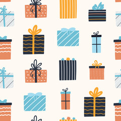 Vector seamless pattern with gift boxes. Presents for christmas, birthday, celebration, event.  Template, print, textile, wallpaper, wrapping, cover. 