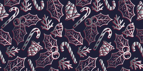 Colored seamless pattern wallpaper with decorative christmas bell, leaf and lollipop for the new year holiday. Winter illustration for december party design