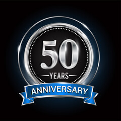 50th birthday logo with silver ring and blue ribbon, Vector design template elements for anniversary celebration, wedding, jubilee, greeting card, invitation, party.