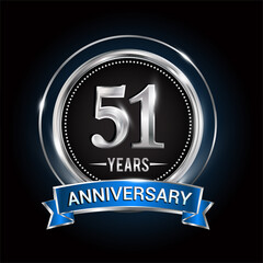 51st birthday logo with silver ring and blue ribbon, Vector design template elements for anniversary celebration, wedding, jubilee, greeting card, invitation, party.