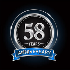 Fototapeta premium 58th birthday logo with silver ring and blue ribbon, Vector design template elements for anniversary celebration, wedding, jubilee, greeting card, invitation, party.