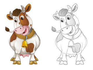 Naklejka premium Cartoon sketch scene with cow bull is looking and smiling - illustration