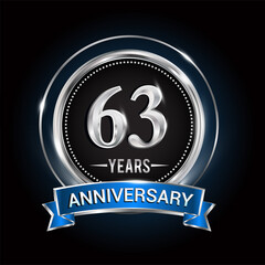 63rd birthday logo with silver ring and blue ribbon, Vector design template elements for anniversary celebration, wedding, jubilee, greeting card, invitation, party.